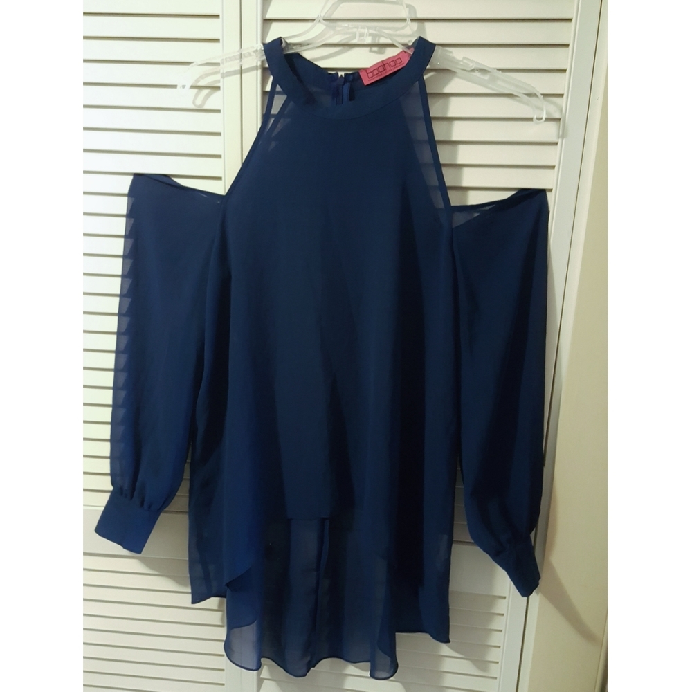 Navy Cold Shoulder Highlow Flowy Top